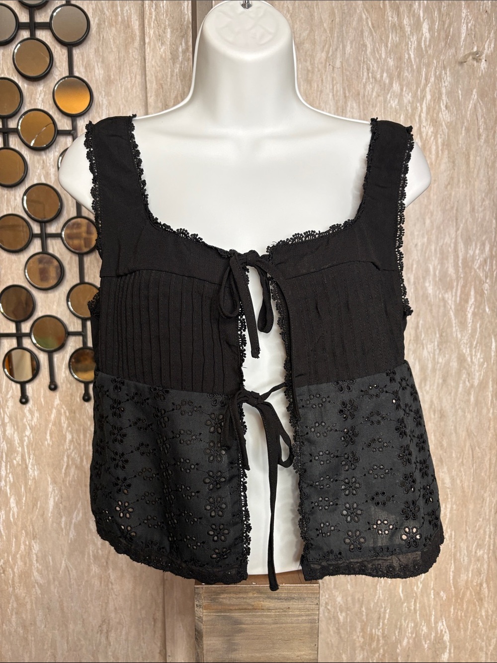 Goth fairy core Black Lace & Eyelet Tie-Front Camisole